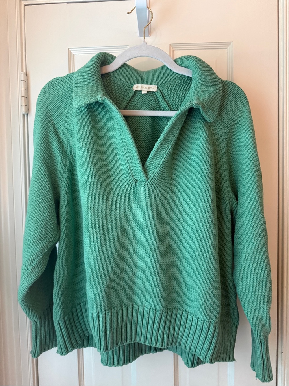 Ann Mashburn Green Collared V-Neck Knit Sweater Cotton Large